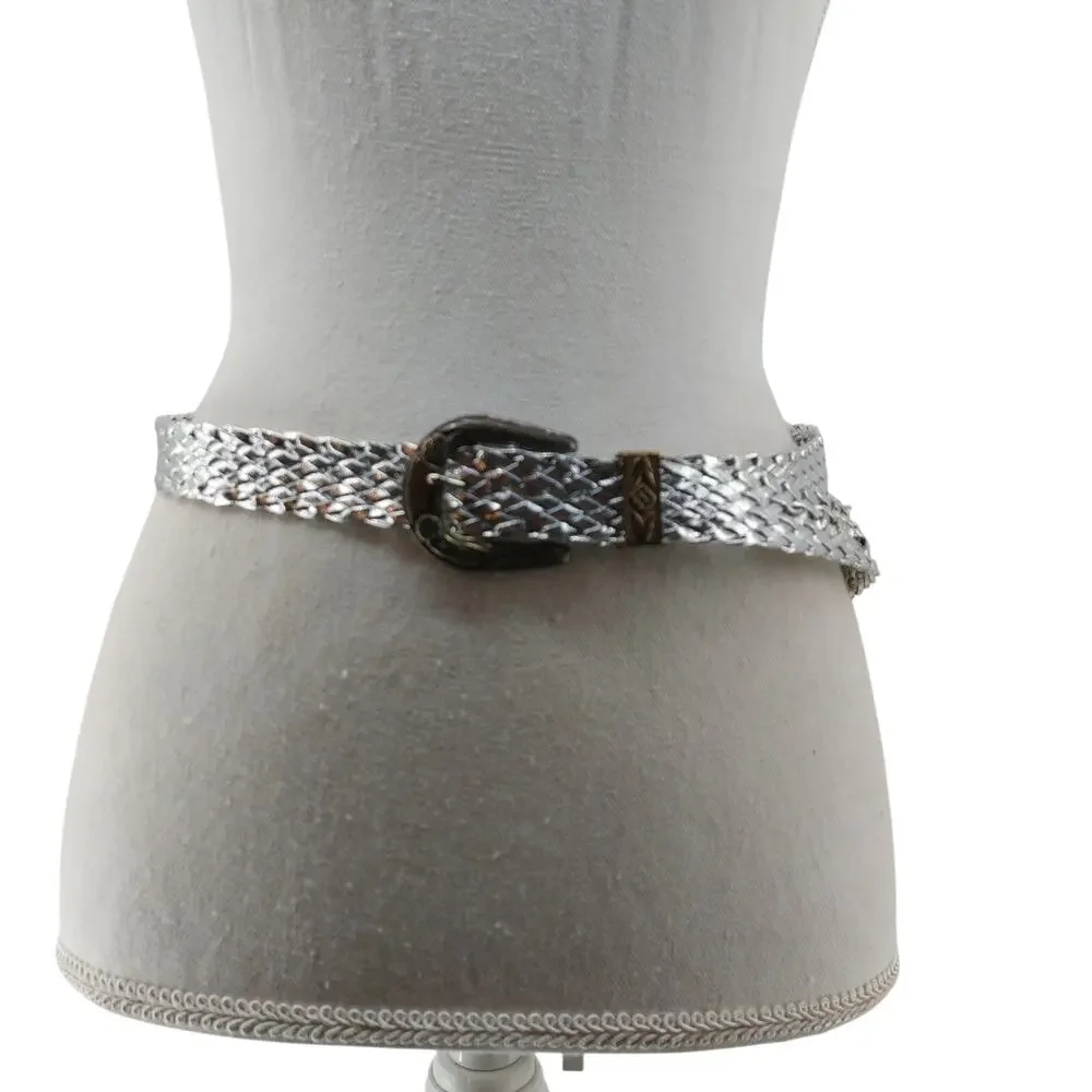 Vintage Womens Small Medium Silver Metallic Braided Belt Disco Festival